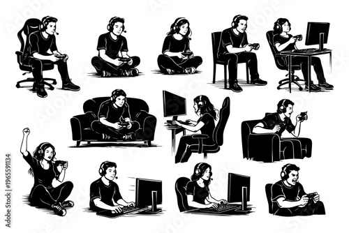 Diverse gamers illustrations of young adults competitively engaged in gaming.