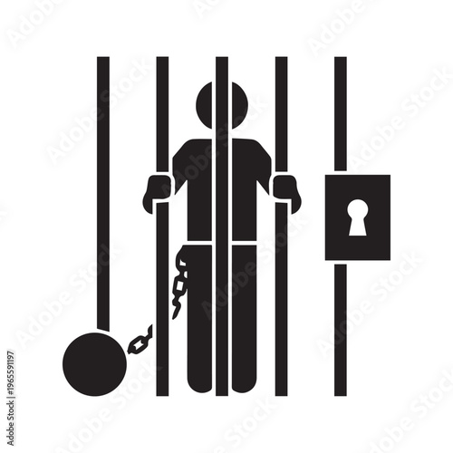 Prisoner Behind Bars in Jail Cell with Ball and Chain Icon, Black Silhouette Vector Illustration
