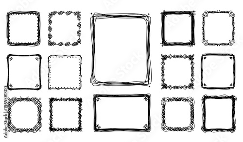 Collection of 13 hand drawn rectangular frames with various border styles