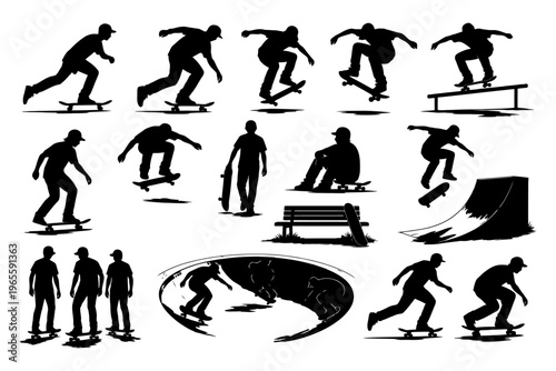 Silhouettes of male skateboarders performing tricks and stunts.