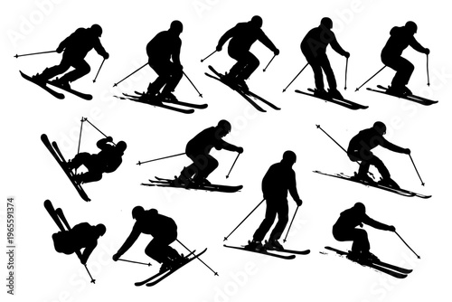Silhouettes of skiers in various dynamic poses on skis.