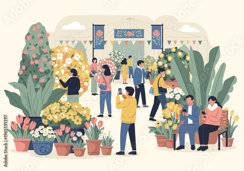 People enjoying a vibrant flower market with various blooming plants.