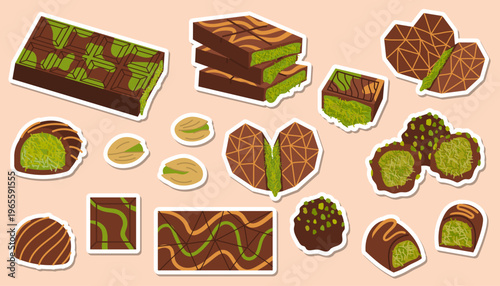 Dubai chocolate vector sticker set of bars and truffles with green pistachio knafeh filling. Flat cartoon icons of sweets and nuts on a peach background for menu design and planner stickers.
