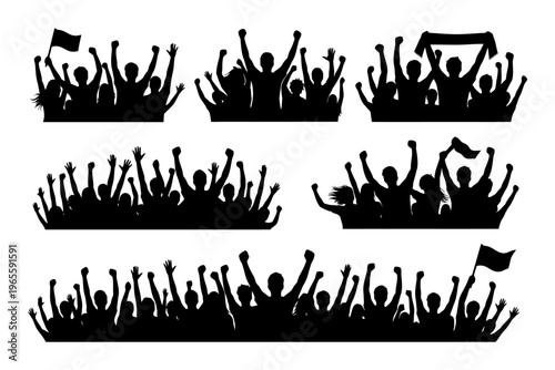 Silhouette of diverse excited crowd cheering with flags and scarves.