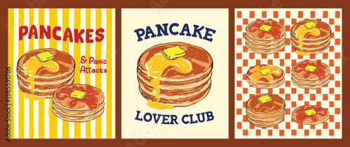 Pancake Lover Club Retro Set with Breakfast Typography and Diner Style