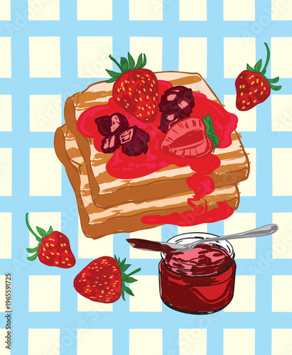 French Toast with Strawberry Jam Retro Checkered Poster Breakfast Diner Style