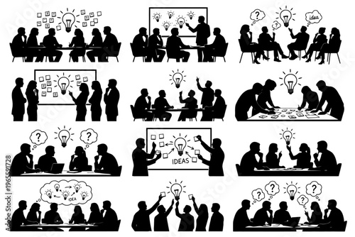 Silhouette business meeting and brainstorming ideas in various group settings.
