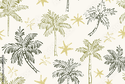Seamless vector pattern of hand-drawn olive green and sage palm trees on a cream background. This tropical sketch design features crayon stars for summer apparel, coastal decor, and travel branding.