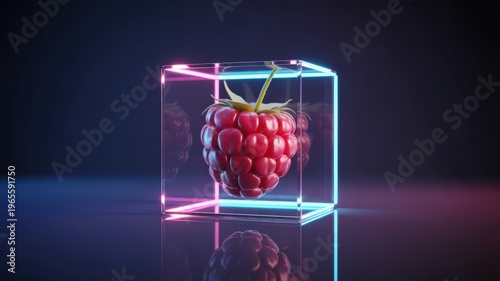 Raspberry contained within a colorful neon cube