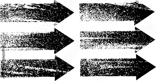 Grunge arrows set black textured arrow icons with rough distressed on white background