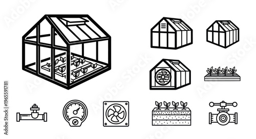 Greenhouse, Farming Equipment Icons - Black and White Line Art