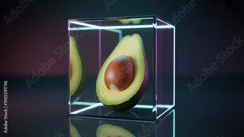 Avocado half with pit in illuminated cube