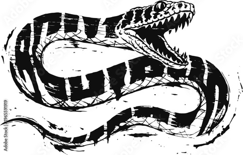 Black and white graphic illustration of a coiled aggressive snake with open mouth and sharp teeth