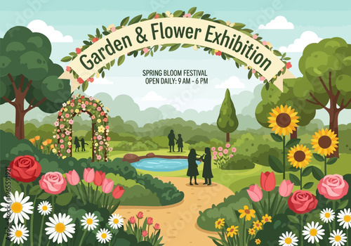 Garden and Flower Exhibition with Blooming Flowers and Visitors.