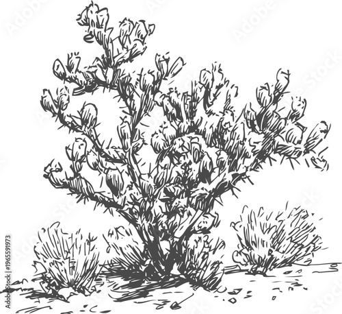 Desert shrub bush with spiky branches and small leaves in arid landscape illustration