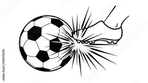 Dynamic Black and White Icon of a Soccer Cleat Kicking a Football in Motion
