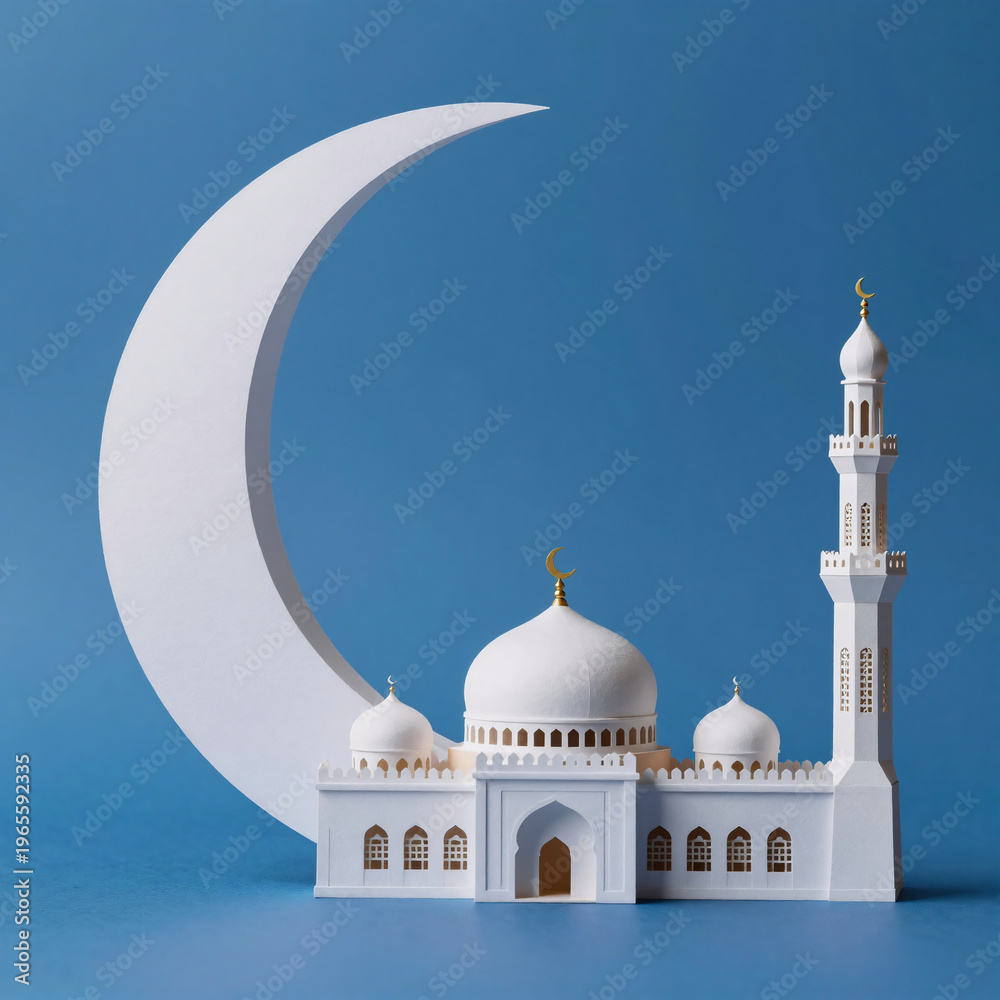 Obraz premium Whimsical Eid Blue. Ramadan Kareem Eid Mubarak Celebration Theme With A Crescent Moon And Mosque On A Blue Background