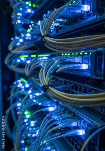 Ethernet cables connected to switch ports in server rack. Network hardware management inside data center. Digital infrastructure, cloud computing technology and internet connectivity concept.