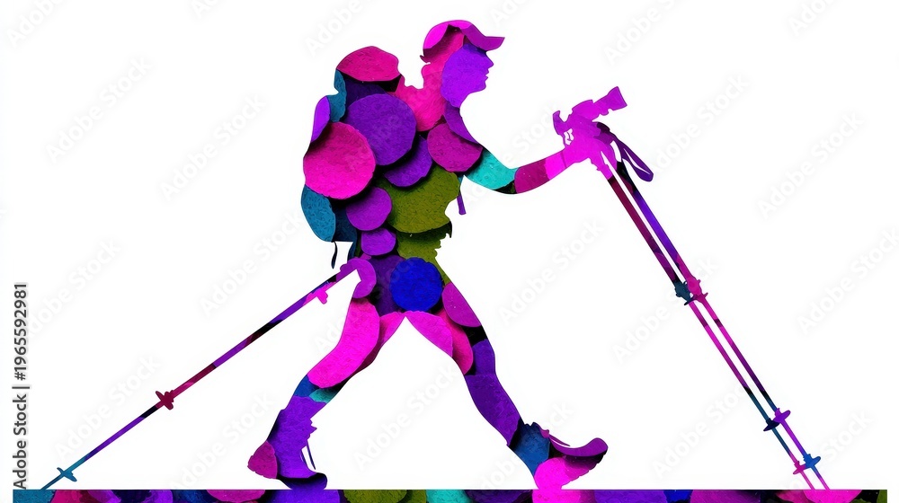 Fototapeta premium Colorful Silhouette of a Hiker with Camera and Hiking Poles