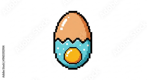 Cracked blue eggshell with brown top and yellow yolk pixel art style isolated on white background