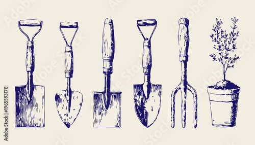 Garden tools collection including shovel rake and watering can isolated on white background