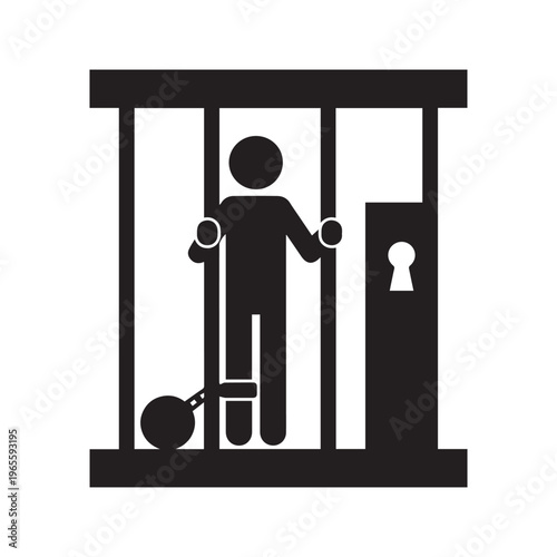 Prisoner Behind Bars in Jail Cell with Ball and Chain Icon, Black Silhouette Vector Illustration
