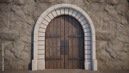 Ancient wooden door set in stone wall arch
