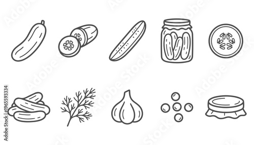 Pickled cucumber food collection, monoline outline vector icons set on white background