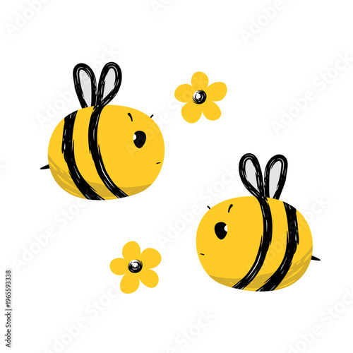 Cartoon bee mascot. A small bees flies. Wasp collection. Vector characters. Incest icon. Template design for invitation, cards. Doodle style.