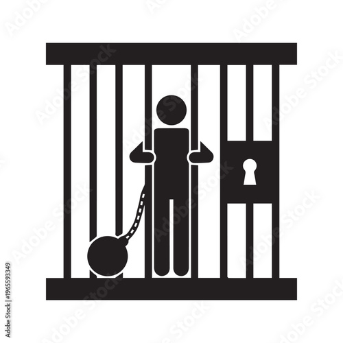 Prisoner Behind Bars in Jail Cell with Ball and Chain Icon, Black Silhouette Vector Illustration
