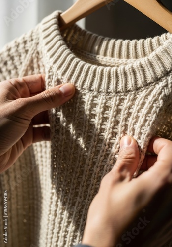 Woman touching soft knit sweater hanging on hanger. Close up view of hands feeling texture of woolen fabric. Fashion retail and autumn clothing shopping choice concept with natural light.
