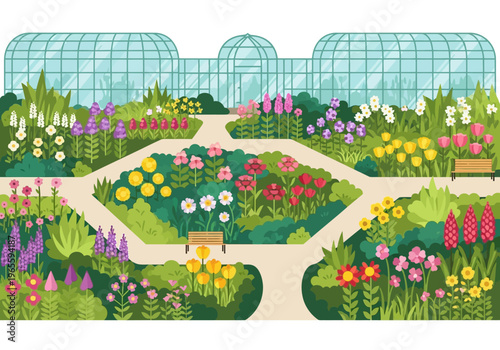 Vibrant Botanical Garden with Diverse Floral Displays and Winding Paths.