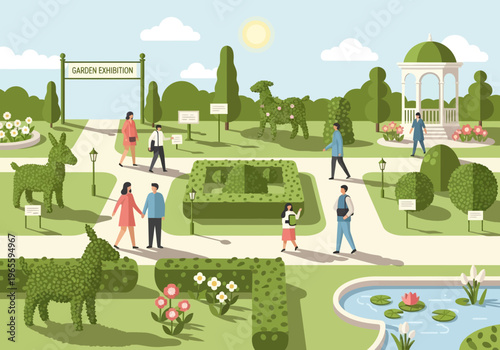 People enjoying a leisurely stroll through a beautiful garden exhibition.