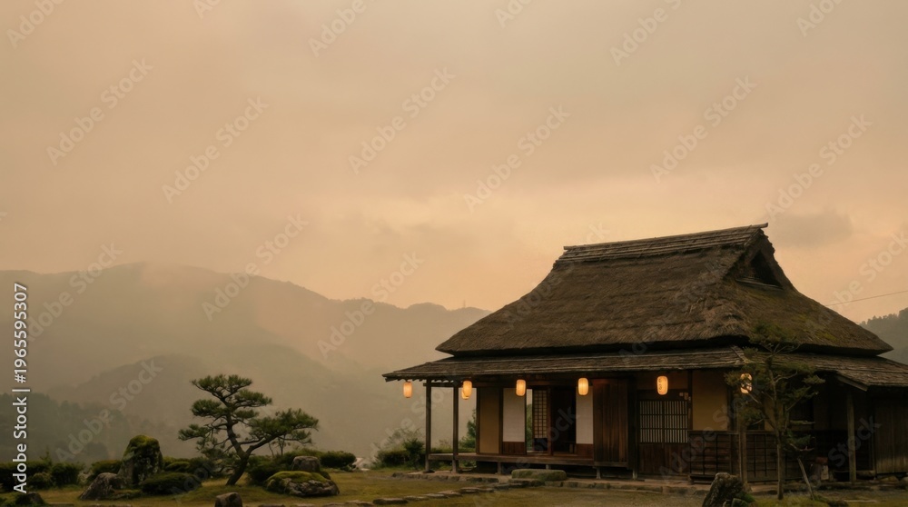 Obraz premium Serene Japanese Traditional House Against Mountainous Landscape at Dusk