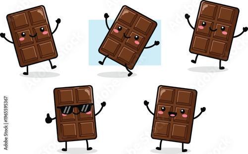 Collection of cute dark chocolate bar characters with happy faces and diverse expressions with blank blue banner for copy space and sweet snack concept flat vector