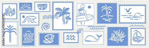 Hand drawn beach surf design postal stamps elements. Tropical naive coastal vector illustrations. Palm tree, wave, seashell, woman surfer and sun summer badge or sticker. Scrapbook, journal prints.