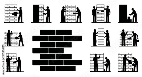 Construction Icons: Bricklaying, Workers, Tools, Building Blocks, Silhouette