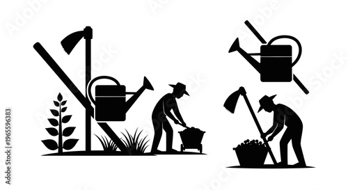 Farmer harvesting with hoe and watering can in black and white glyph style