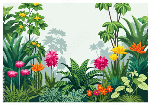 Vibrant Tropical Garden with Lush Greenery and Colorful Blooming Flowers.