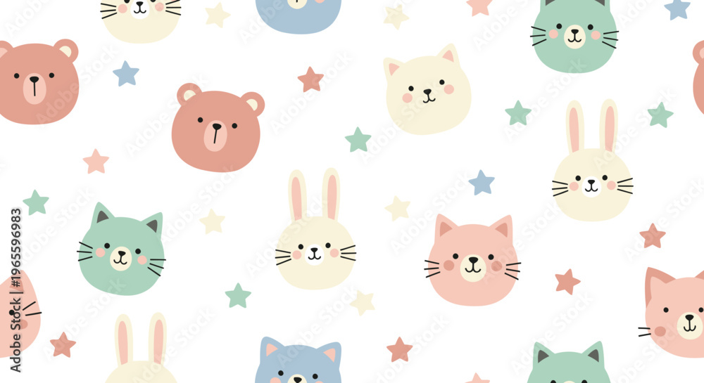 Obraz premium Cute Kawaii Animals Seamless Pattern, Vector Flat Style, Children's Background
