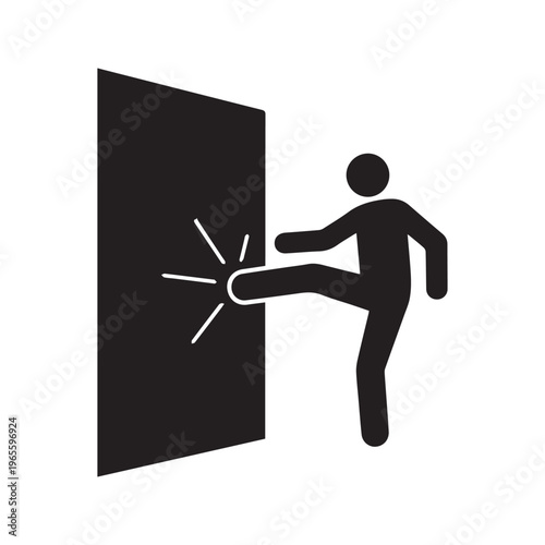 Stick Figure Man Kicking Open Door Silhouette, Forceful Entry and Break-In Icon Vector
