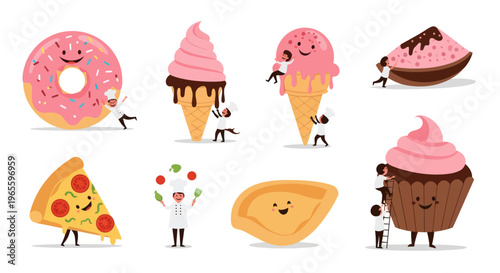 Cute cartoon chefs decorating sweet pastries and desserts, flat style