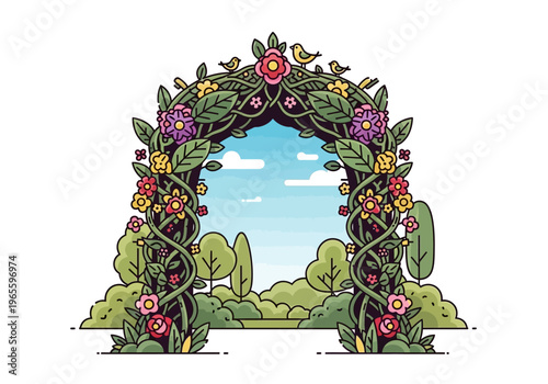 Beautiful Floral Archway with Vibrant Flowers and Lush Greenery.