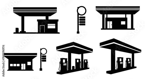 Black  White Glyph Icons of Gas Stations and Pumps