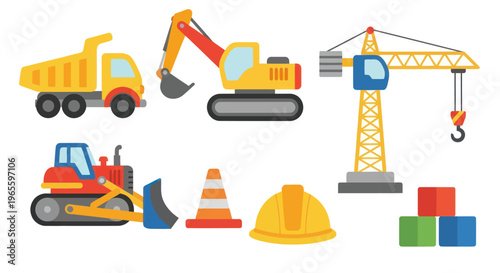 Flat Design Construction Vehicles and Equipment on White Background