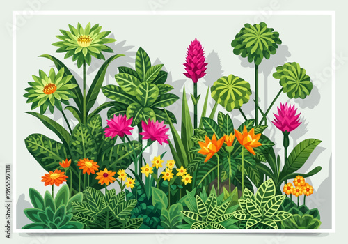 Vibrant and diverse tropical garden with various colorful flowers and lush green foliage.