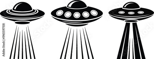 Three UFOs Flying with Light Beams Isolated on White