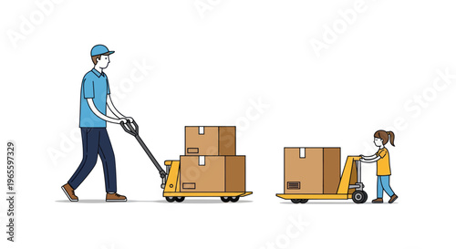 Warehouse worker and girl moving boxes on pallet jacks, line art