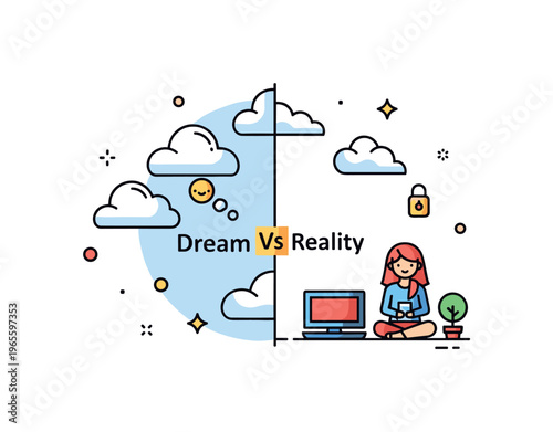 Dream vs reality concept with a split scene showing a soft cloud filled dream side and a grounded everyday setting conveying contrast between imagination and