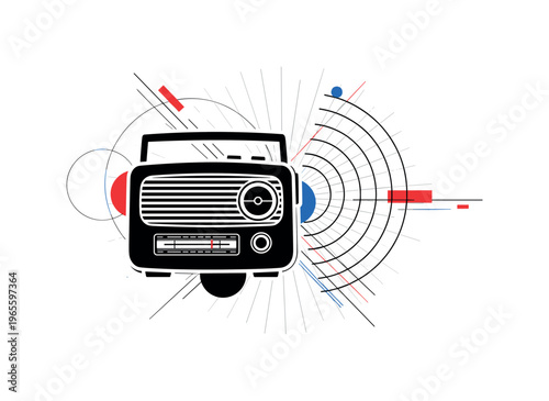 old radio technology with abstract art composition, black and white vintage radio cut-out with white outline, concentric signal waves and thin lines radiating